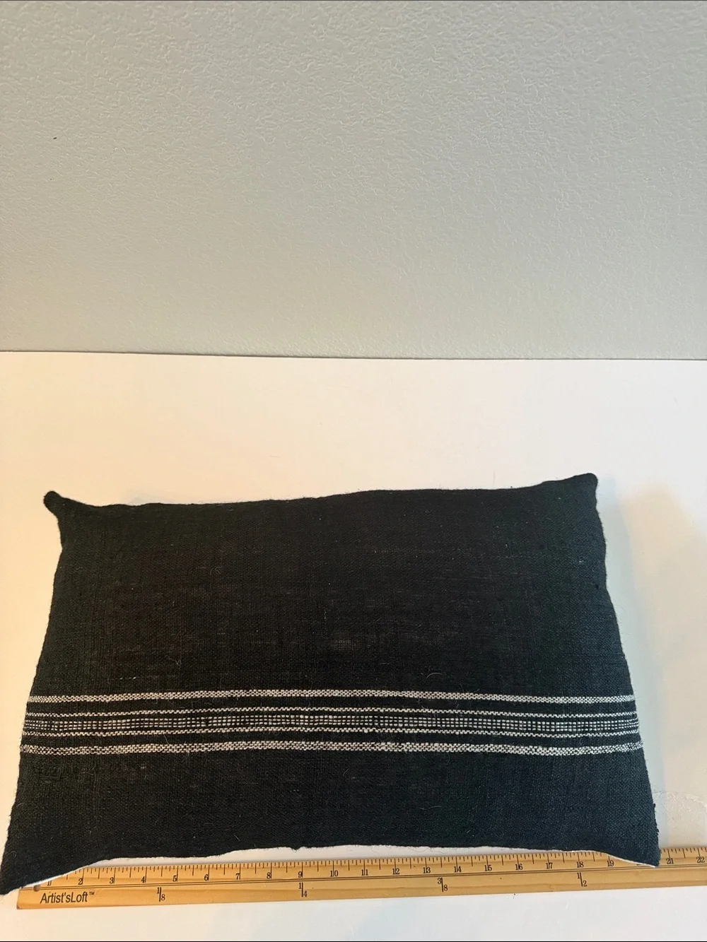 Handwoven Black Decorative Lumbar Wool Pillow Pair White Accents Linen Backing